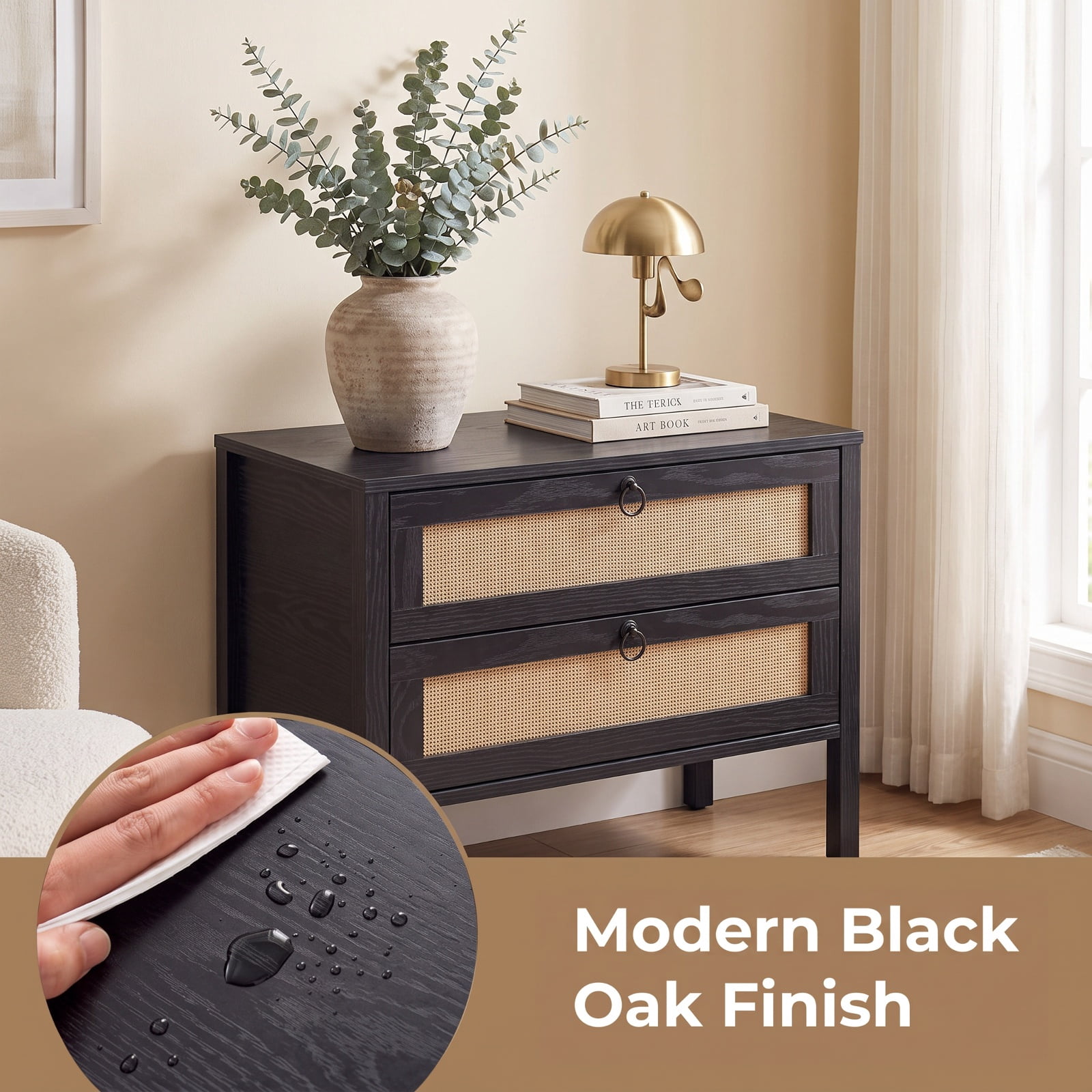 Furnibear Boho Rattan Nightstand with 2 Drawers and Bottom Open Shelf for Bedroom Living Room Bedside Sofa Side Small Space, Black