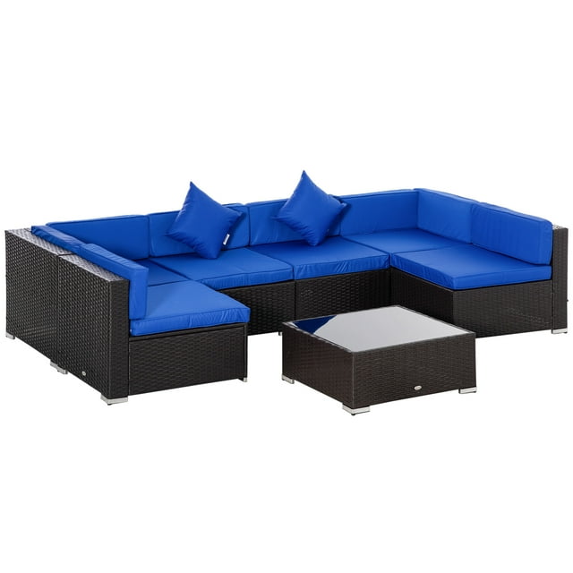 CoSoTower 7 Pieces Outdoor Rattan Furniture Set, Patio Wicker Sectional Conversation Sofa Set, Blue