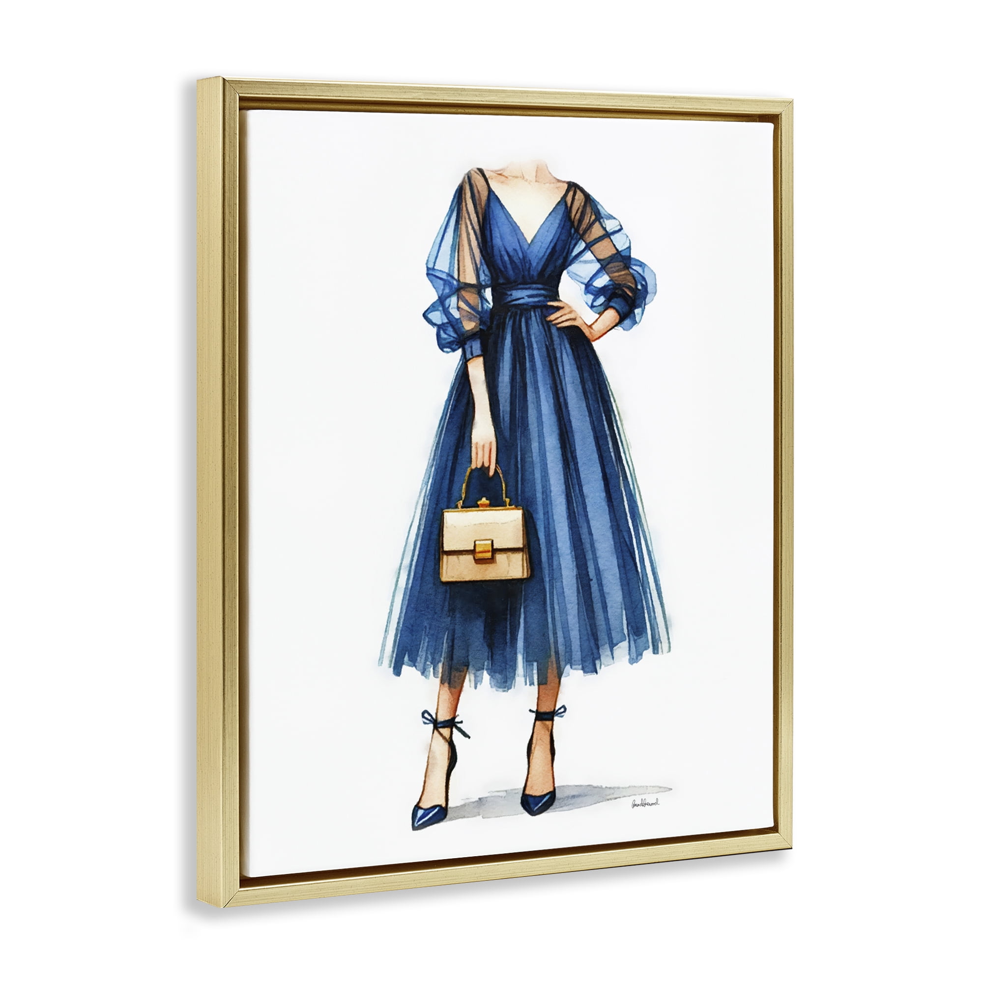 Stupell Industries Glam Blue Fashion Gown Fashion Painting Gold Floater Framed Canvas Art Print Wall Art, 17 x 21