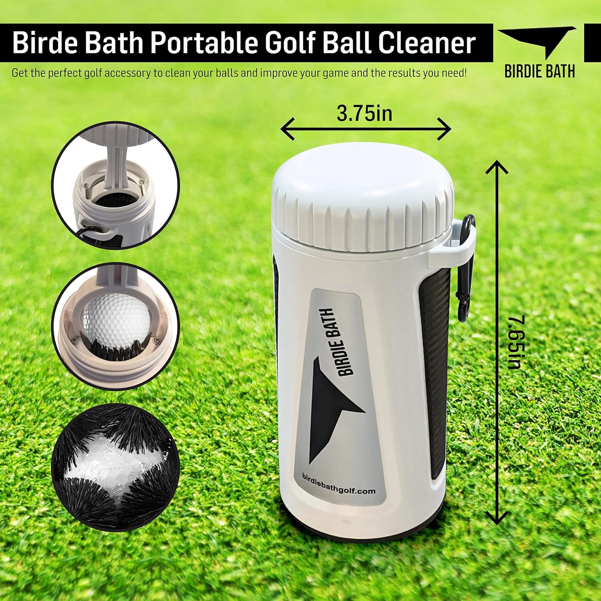 Birdie Golf: Birdie Bath - Golf Ball Washer, Personal Portable Water Cleaner, 7.65" x 3.75", Durable Bristles, Attachable Clip, Sports Accessory
