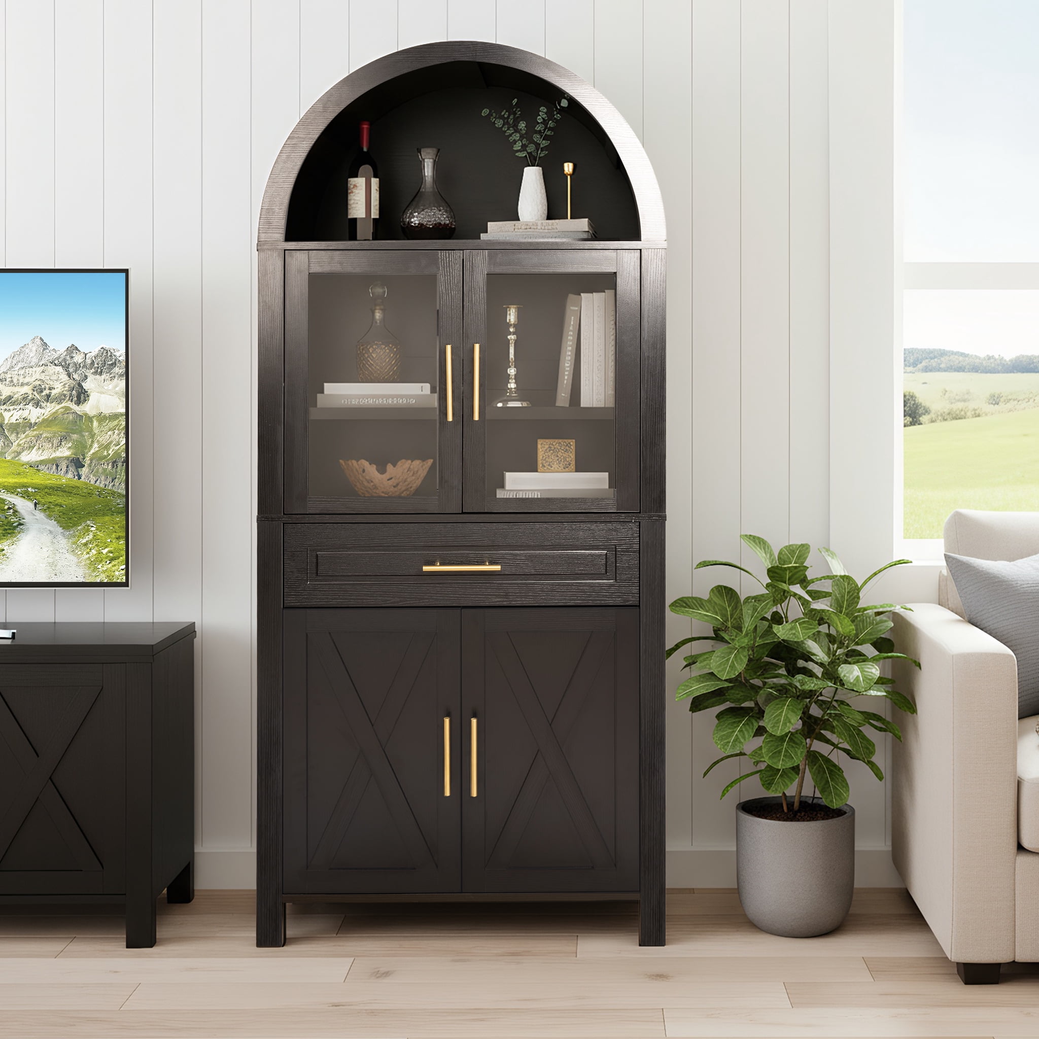 Mintazer Arched Farmhouse Kitchen Pantry Cabinet with Glass Doors, 71" Tall Freestanding Storage with Adjustable Shelves & Drawer for Kitchen Living Room Dining Room, Black
