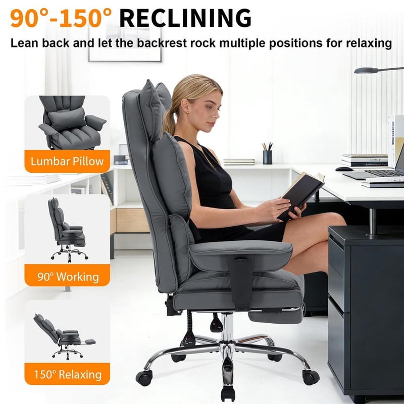 Office Chair with Footrest, 440LBS Capacity Big and Tall Executive Chair, Ergonomic High Back Desk Chair with Reclining Function, Faux Leather Computer Chair for Home Office