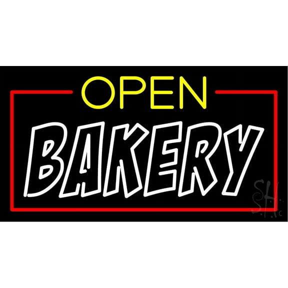 Red Open Yellow Bakery LED Neon Sign 20 x 37 - inches, Black Square Cut Acrylic Backing, with Dimmer - Bright and Premium built indoor LED Neon Sign for restaurant window and interior decor.