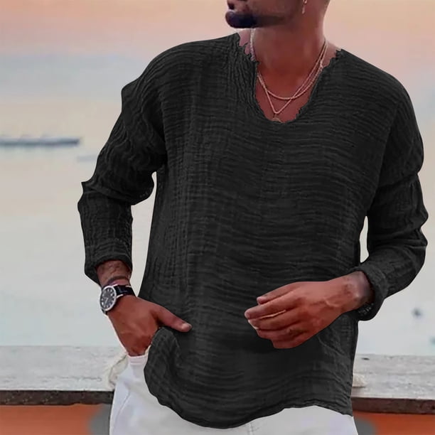 pstuiky camisas de manga larga para hombre, Camiseta de manga larga con cuello en V para hombre, color liso, a la moda camisetas de hombre xl