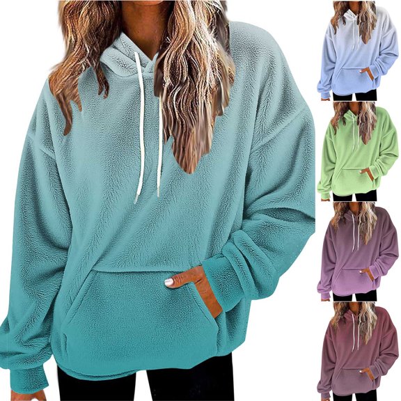 Smsaxvxz Women's Hoodies Gradient Fleece Long Sleeve Hooded Sweatshirts Drop Shoulder Pullover Tops with Pocket Winter Warm Blouse Sky Blue S
