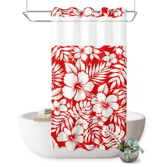 No Hook Shower Curtain, Tropical Botanical Shower Curtains for Bathroom with See Through Top Window, Summer Palm Monstera Leaf Flowers Red Waterproof & Washable Bath Curtain Stand Up Stall 36"x72"