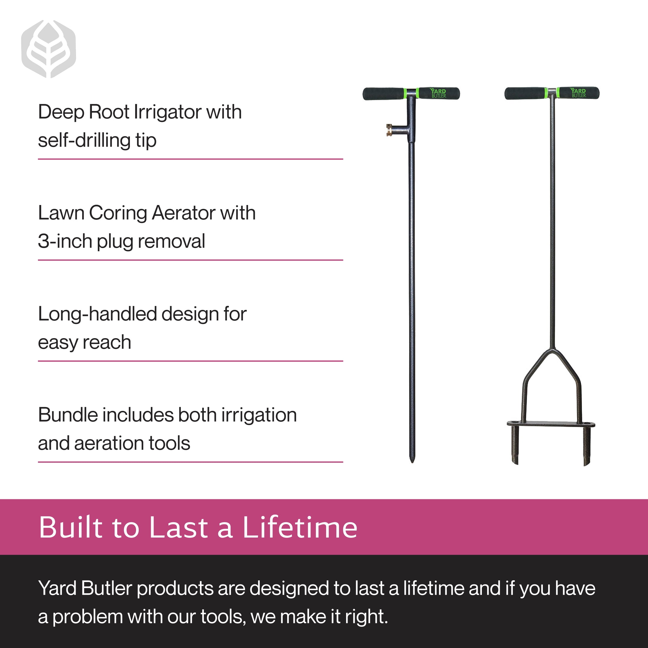 Yard Butler Beat The Drought Garden Bundle - Deep Root Irrigator and Manual Lawn Coring Aerator - Drip Watering Feeder Tool Irrigation System - Grass Aerators, Plug Core Aeration Tool (Pack of 2)