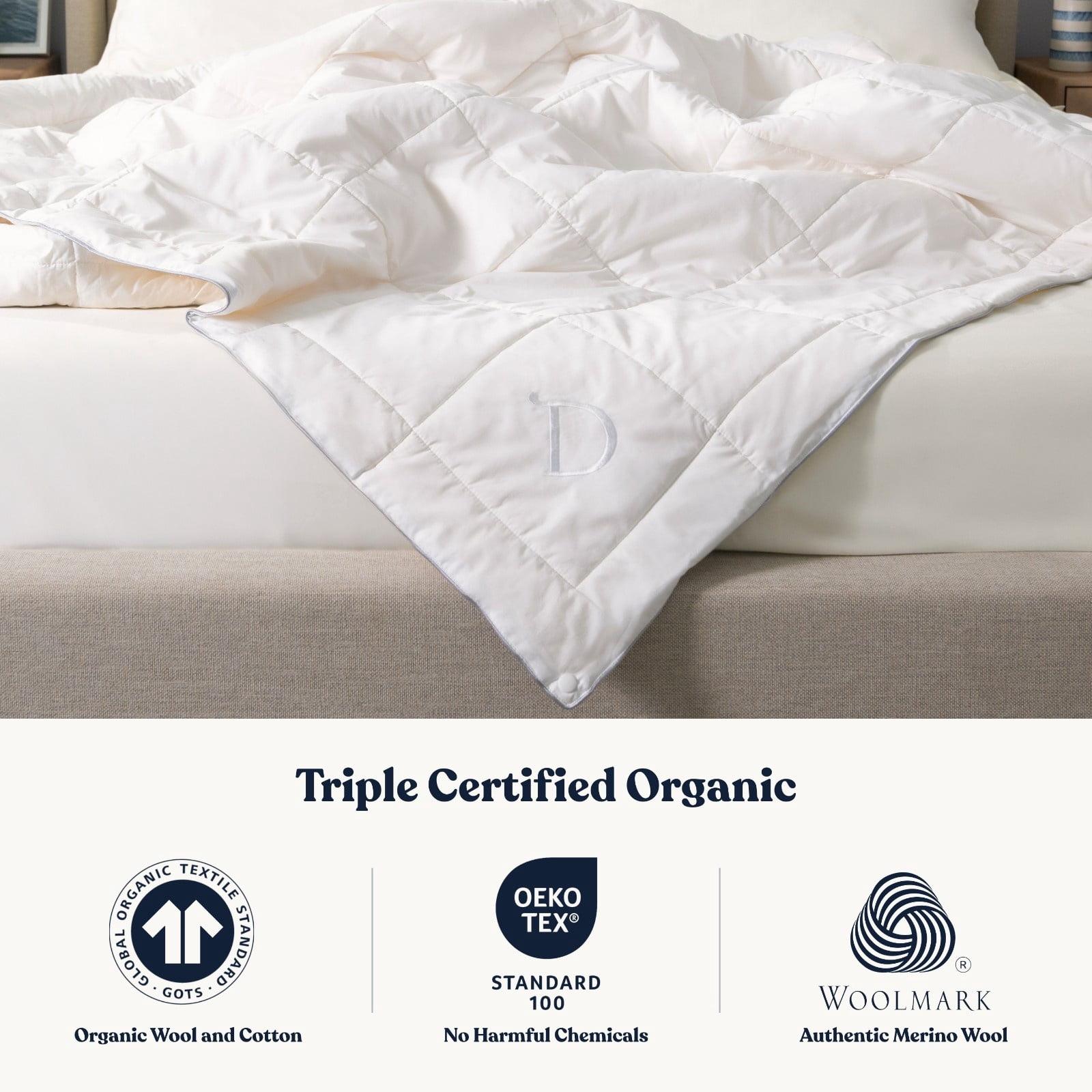 Delara Queen Size Wool Comforter Duvet Insert 88"x92" - Ultra-Soft GOTS Certified 100% Organic Cotton Fabric Summer Spring Merino Wool Comforter, 200 GSM Lightweight Warmth