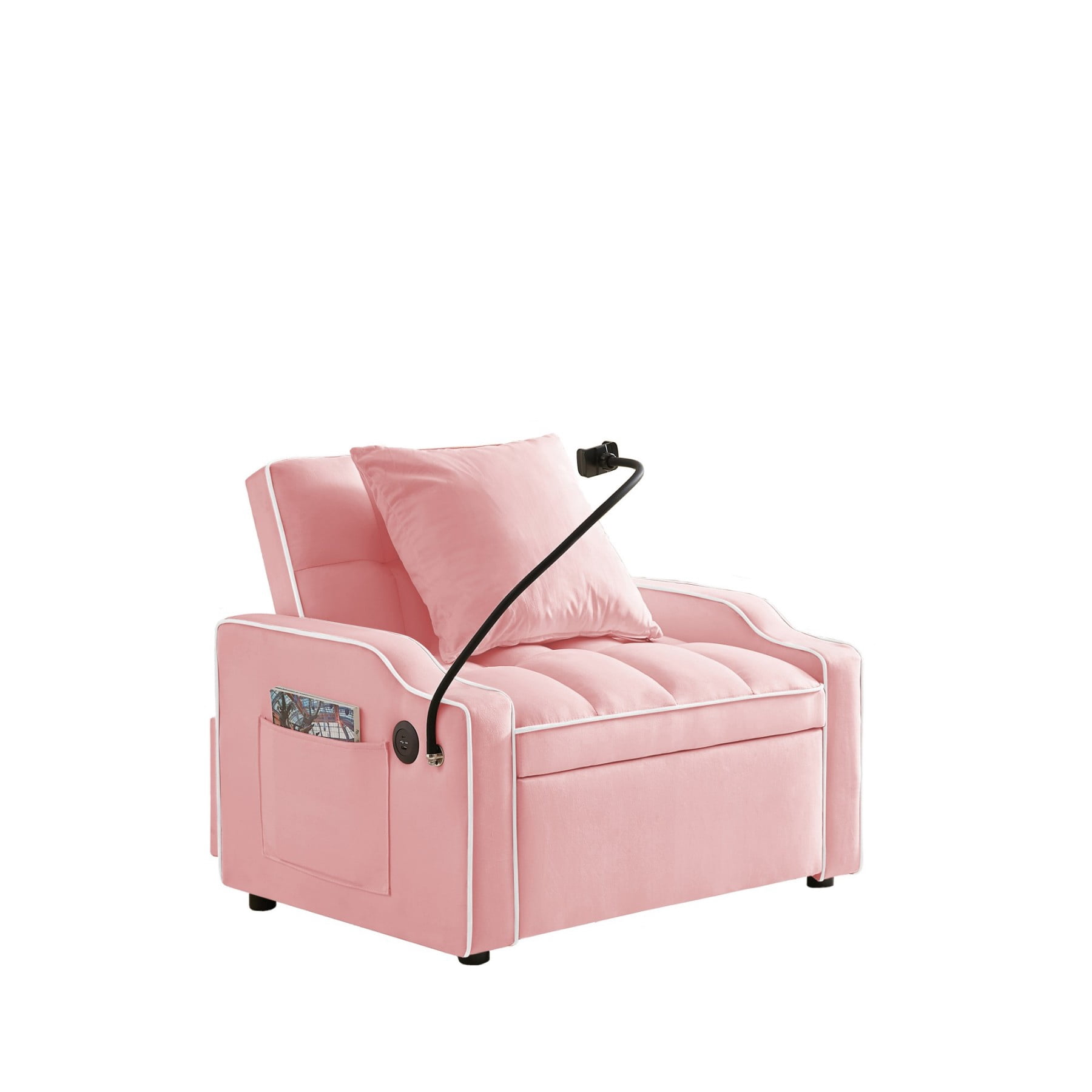 3-in-1 Sleeper Sofa Chair Bed with USB & Type-C, Adjustable Velvet Recliner Couch for Small Spaces, Pink