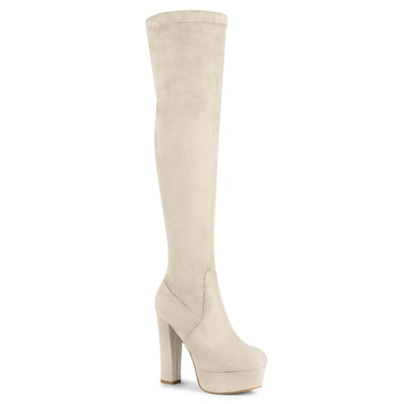BLISSFUL STEP Women s Boot Platform Block Heel Over Knee Boots Beige 6.5