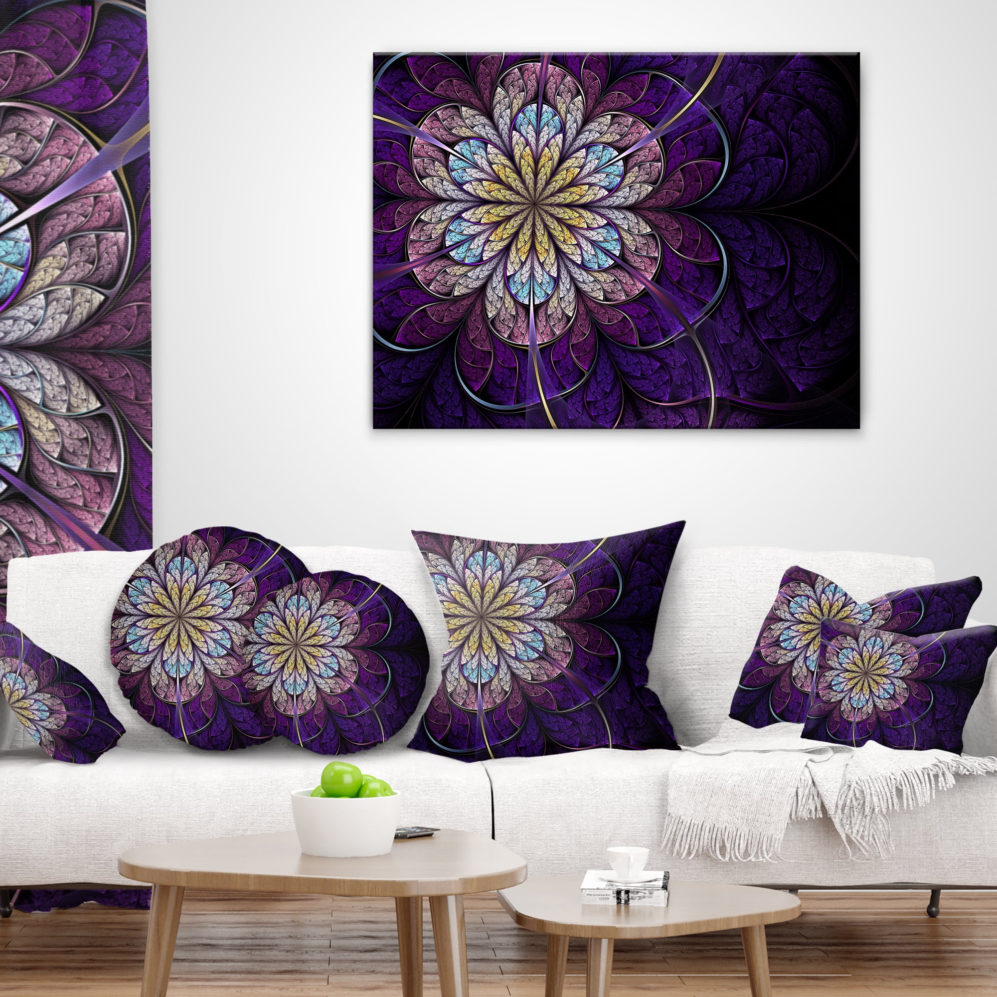 Designart 12" x 20" Contemporary and Modern Purple Fractal and Flower Polyester Throw Pillow