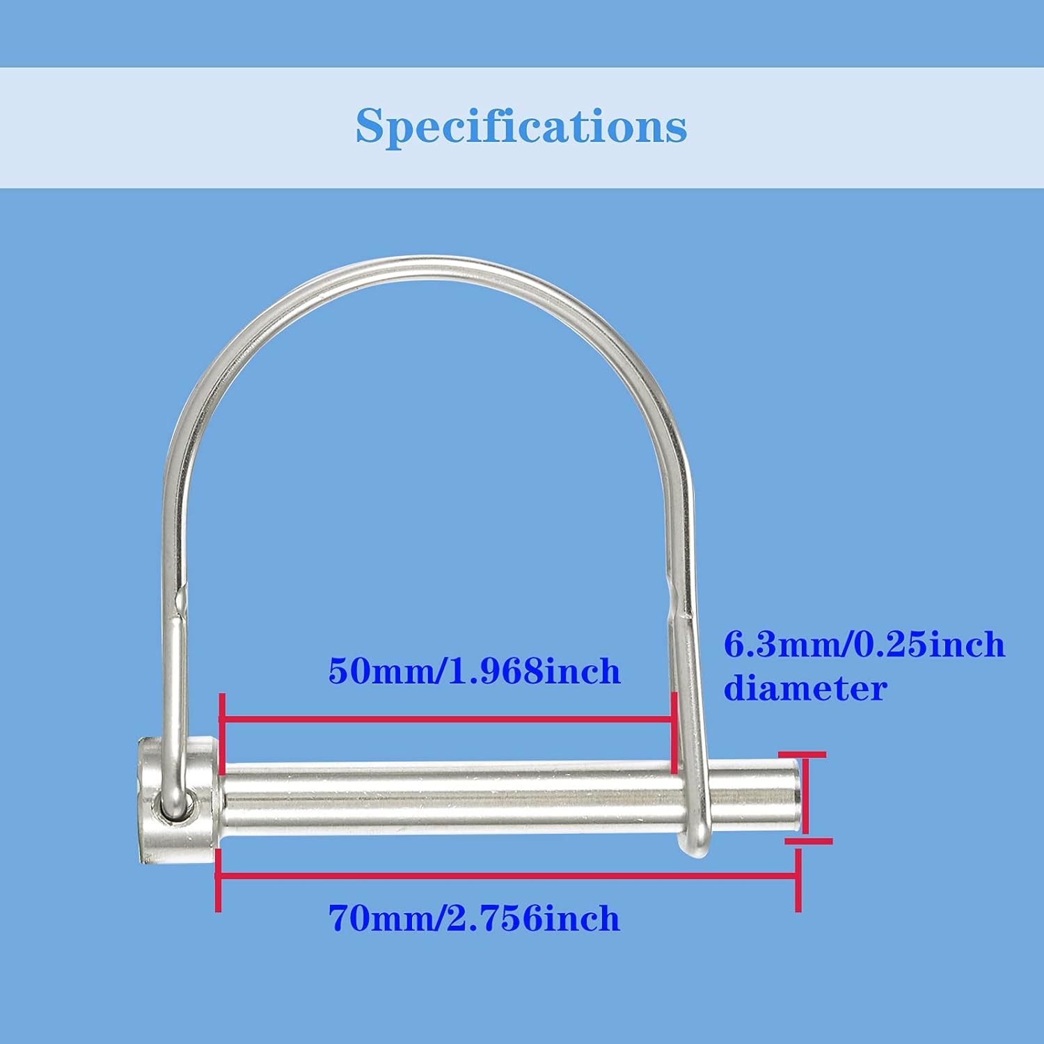 ABCISI Safety Coupler Pin 1/4 Inch(6.3mm) Diameter, 2.756 Inch(70mm) Length, Wire Lock Pins, Locking Pins, 316 Stainless Steel(2 Pcs)