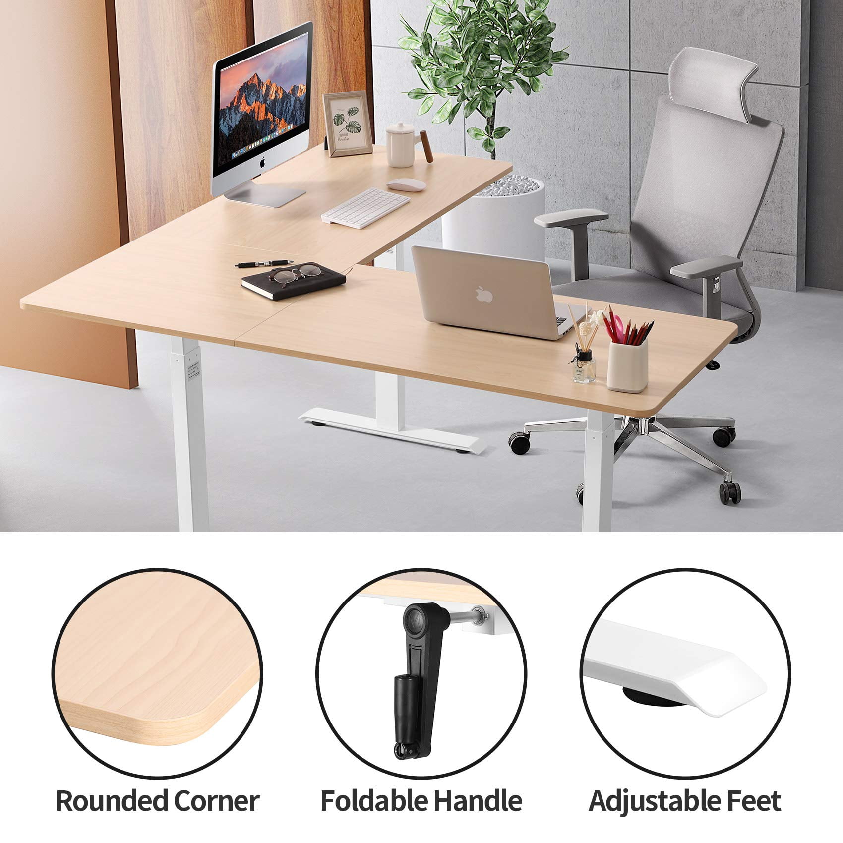 UNICOO® L Shaped Crank Height Adjustable Standing Desk, Sit to Stand up Corner Desk, L-Shaped Standing Workstation (White Frame/Light Oak Top - L Shape Crank)