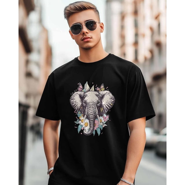 Camisetas de manga corta con estampado de elefante y flores para hombre, camisetas de cuello redondo