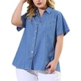 thumbnail image 2 of Women's Plus Size Shirt Short Sleeve Chest Pocket Button Down Denim Shirts Sky Blue 1X, 2 of 7