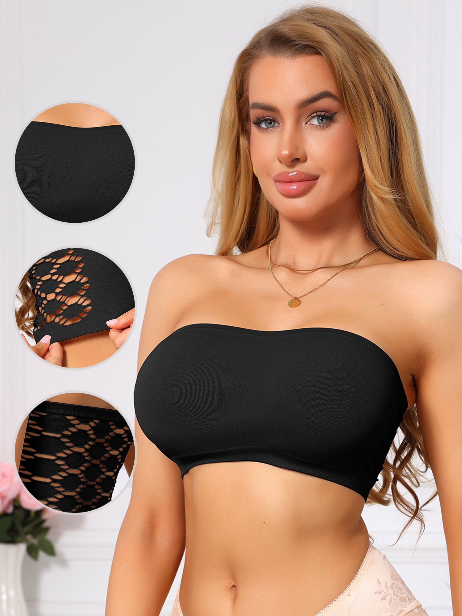 DARING DIVA Women's Strapless Bandeau Bra Tube Top Lace Trim Hollow Out 3XL Black