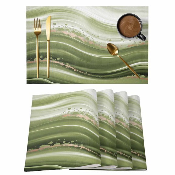 Green Abstract Waves Placemats Set of 4, Gradient Fluid Luxury Oil Painting Placemats for Dining Table, Place Mats for Kitchen Tabletop, Waterproof Wipeable Dining Table Mats Set