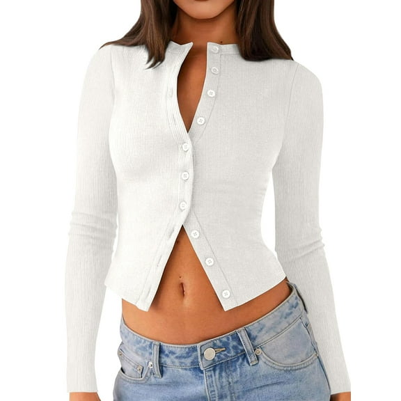 Womens Long Sleeve Tops Fall Light-Weight Cardigan Cropped Going Out Shirts Ribbed Button Down Cute Trendy White XL