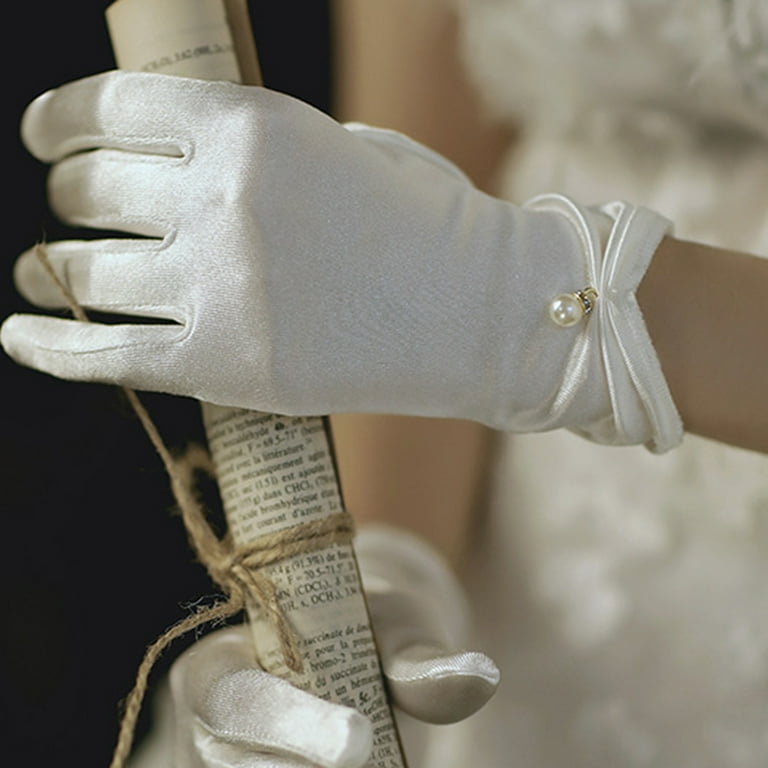 rygai 1 Pair Faux Pearls Decor Shirring Cuffs Bridal Gloves Elegant Wedding  Bridal Short Wrist Satin Gloves,White One Size