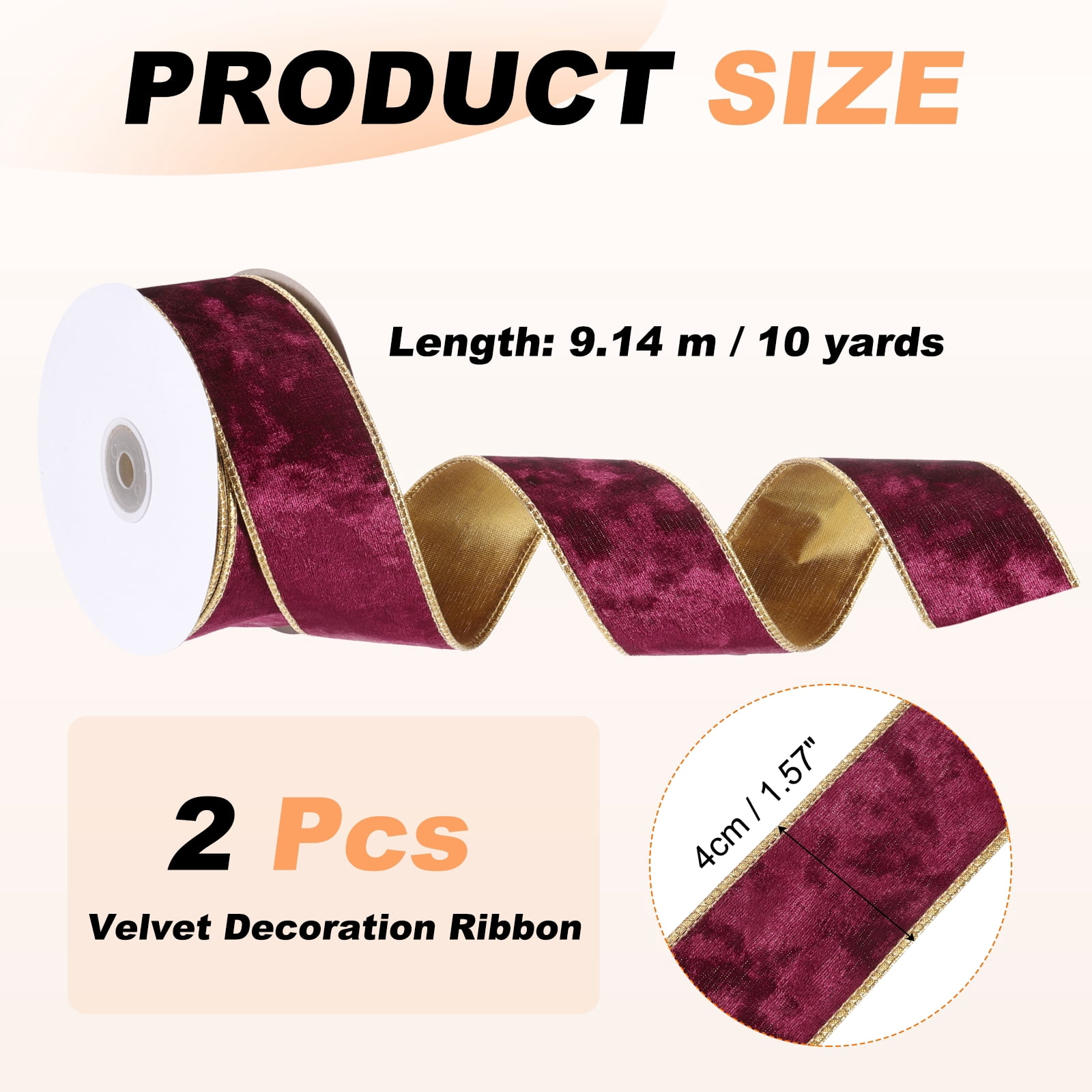 Uxcell Velvet Wired Ribbon, (1.6 Inch x 10 Yards, 2 Pcs)(Dark Red) Velvety Gold Crushed Ribbons Gift Wrapping Binding, Suit For- Crafts/Bow/Wreaths/Christmas Tree Decoration