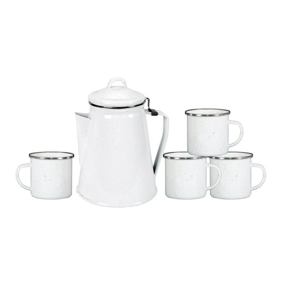 Stansport Enamel Percolator Coffee Pot & 4 Mug Set - White