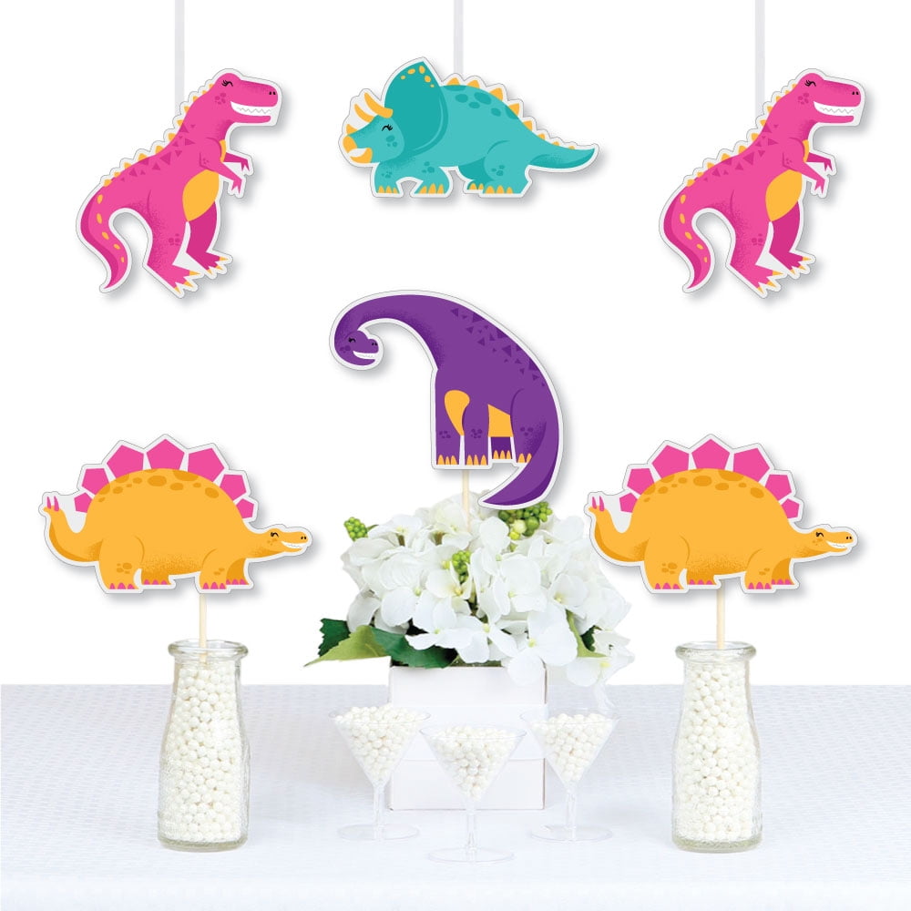 Big Dot of Happiness Roar Dinosaur Girl - T-Rex, Triceratops, Stegosaurus and Brontosaurus Decorations DIY Dino Mite Baby Shower or Birthday