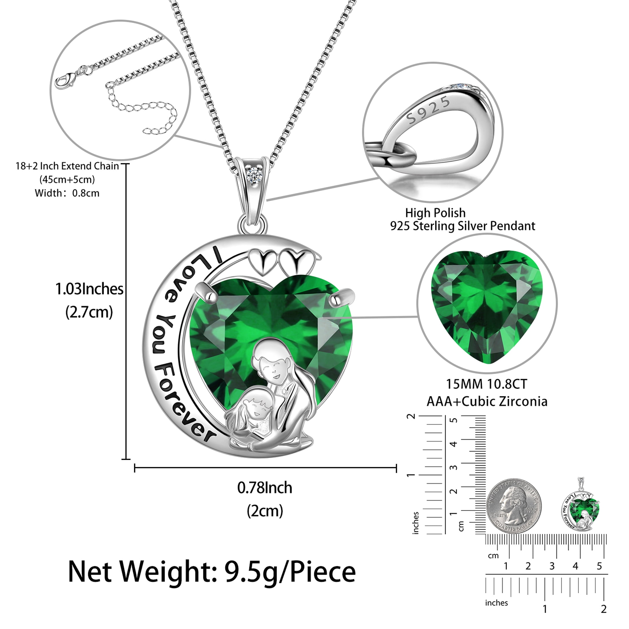 Juwaliy Moon Heart Mother Daughter Necklace 925 Sterling Silver Green Emerald May Birthstone Pendant Jewelry Women Mom Christmas Birthday Mother's Day Gift