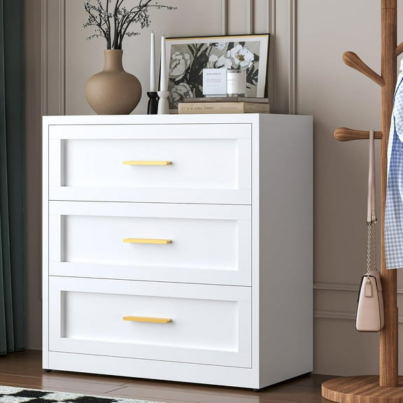 White 3 Drawer Metal Dresser for Bedroom, Wide White and Gold Dresser for Closet, Metal Chest of Drawers, Dressers & Chests of Drawers for Living Room, Hallway, Office, Bedroom