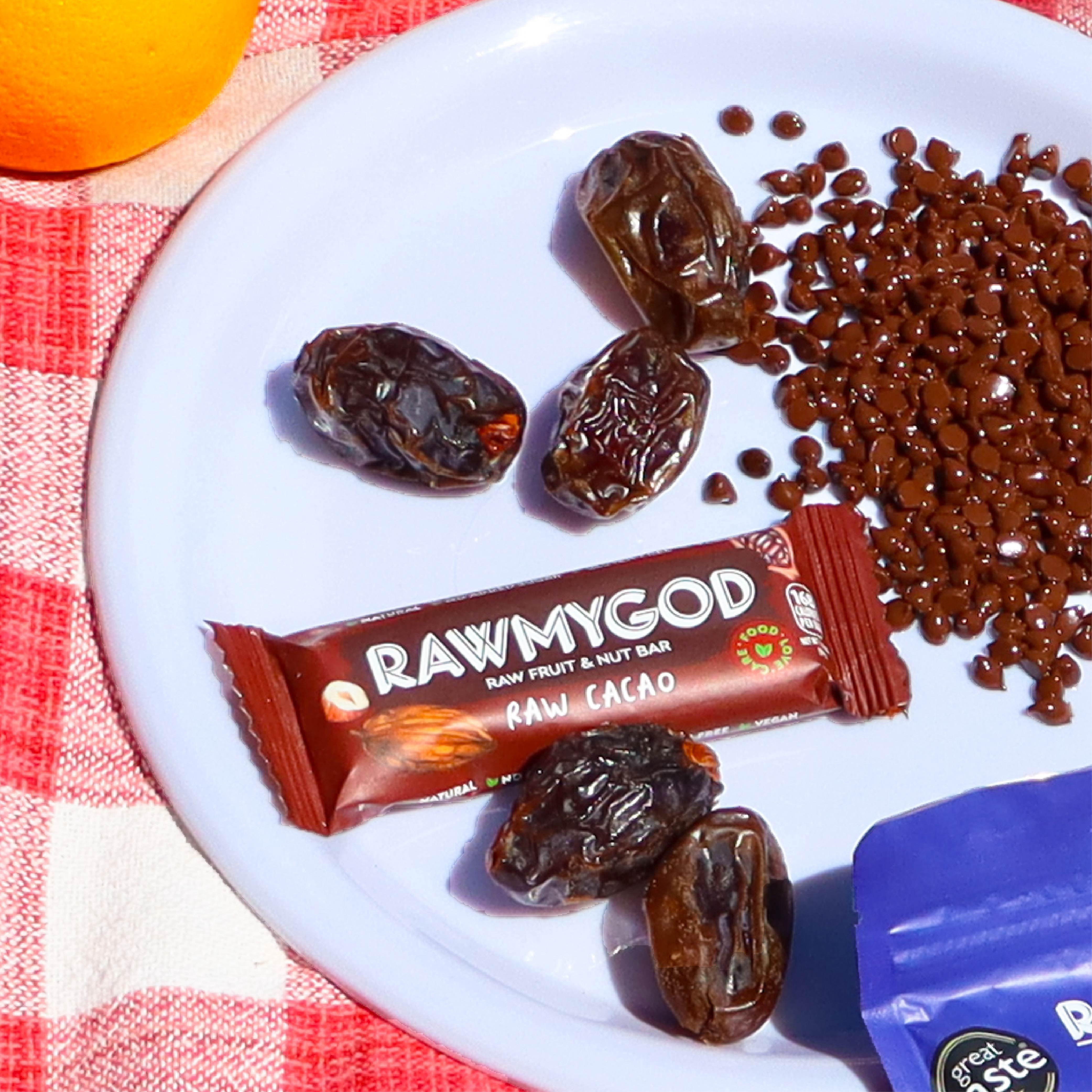 RAWMYGOD Raw Fruit and Nut Bar Raw Cacao, Gluten Free, Vegan, No Added Sugar, 16 Pack, 168 Calories per Bar