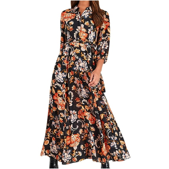 Aueoeo Fall dresses for women 2022, Fashion Casual Turndown Collar Dress Lantern Long Sleeve Women Printed Women's Dress Long Dresses