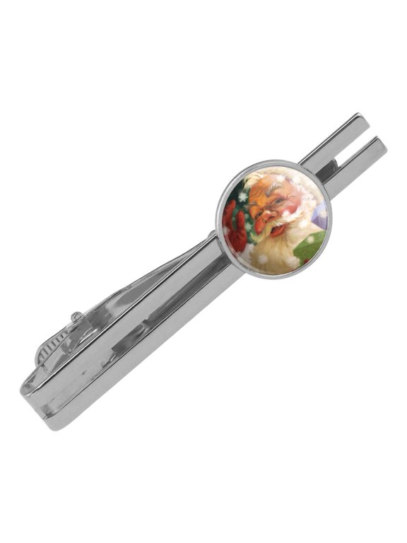 Christmas Holiday Hello Santa Claus Round Tie Bar Clip Clasp Tack Silver Color Plated