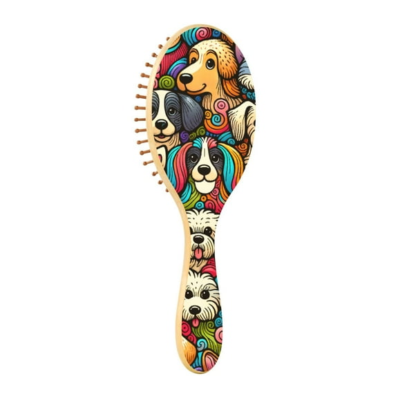 JSTEL Cute Doodle Dogs Puppy Colorful Hair Brush for Women Men Natural Wood Detangler Brushes for All Hair Types Hairbrush for Wet & Dry