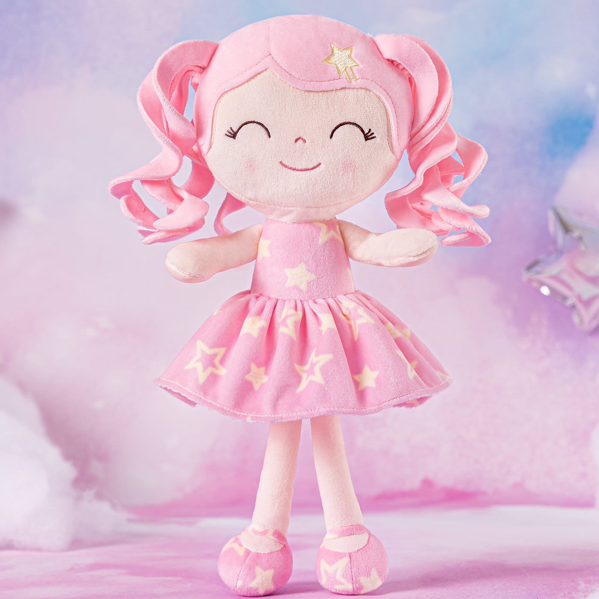 Gloveleya Baby Dolls Soft Snuggly First Baby Girl Gifts Soft Doll for Girls with Star Pink Dress 12inches