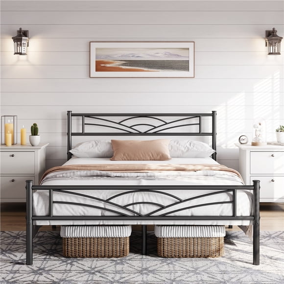Yaheetech Metal Platform Bed Frame with Cloud Inspired Design Headboard, Full, Black