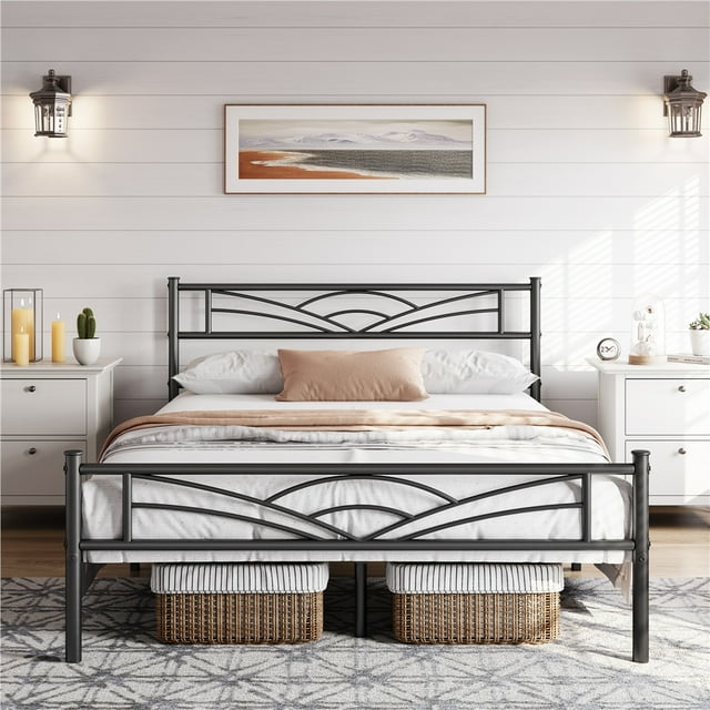 Yaheetech Metal Platform Bed Frame with Cloud Inspired Design Headboard, Full, Black