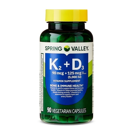 Spring Valley Vitamin K2 + D3 Dietary Supplement Vegetarian Capsules for Bone and Immune Health  90 Count