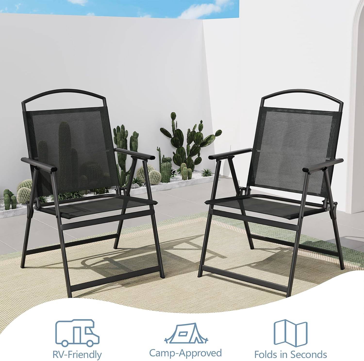 Folding Patio Chairs Set of 2, Outdoor Dining Chairs with Armrests, Breathable Textilene & Steel Frame for Lawn, Garden, Yard or Poolside - Black
