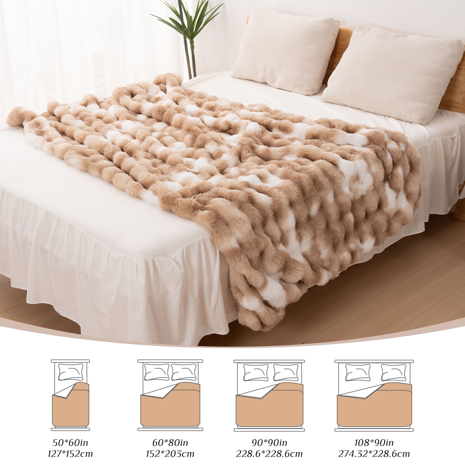 VK·LIVING Thick Ribbed Faux Rabbit Fur Cozy Reversible Throw Blanket,Super Soft 3D Striped Fuzzy Cozy Blankets,Brown,108"x 90"