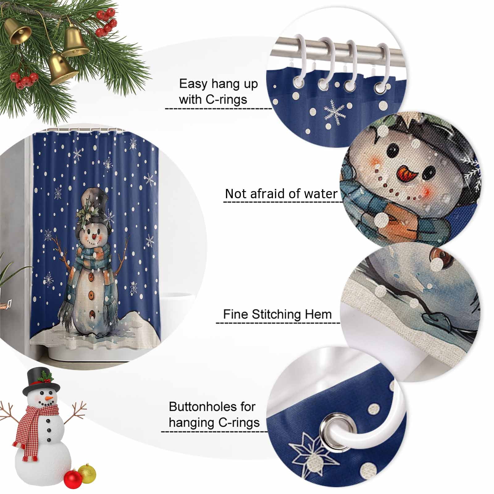 Shower Curtain Bathroom Set Merry Christmas Snowman Winter Snow Waterproof Fabric Shower Curtains with Grommets&Hooks Vintage Linen Navy Blue Privacy Bath Curtain for Bathtub 72x72in