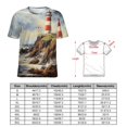 thumbnail image 2 of Lighthouse Sunrise Coast Scenery Pale Blue Tan Womens Tops Women's Fashion Casual Short Sleeve Flower Print Round Neck Pullover Top Blouse, 2 of 6