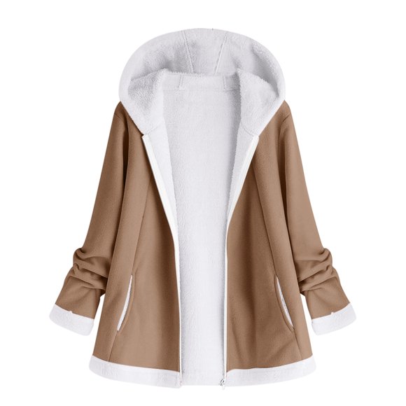 2DXuixsh Jackets for Women Women's Casual Fuzzy Zipper Hooded With Pockets Cardigan Coat Warm Winter Outdoor Windbreaker Casual Fashion Jackets Khaki Size Xxl