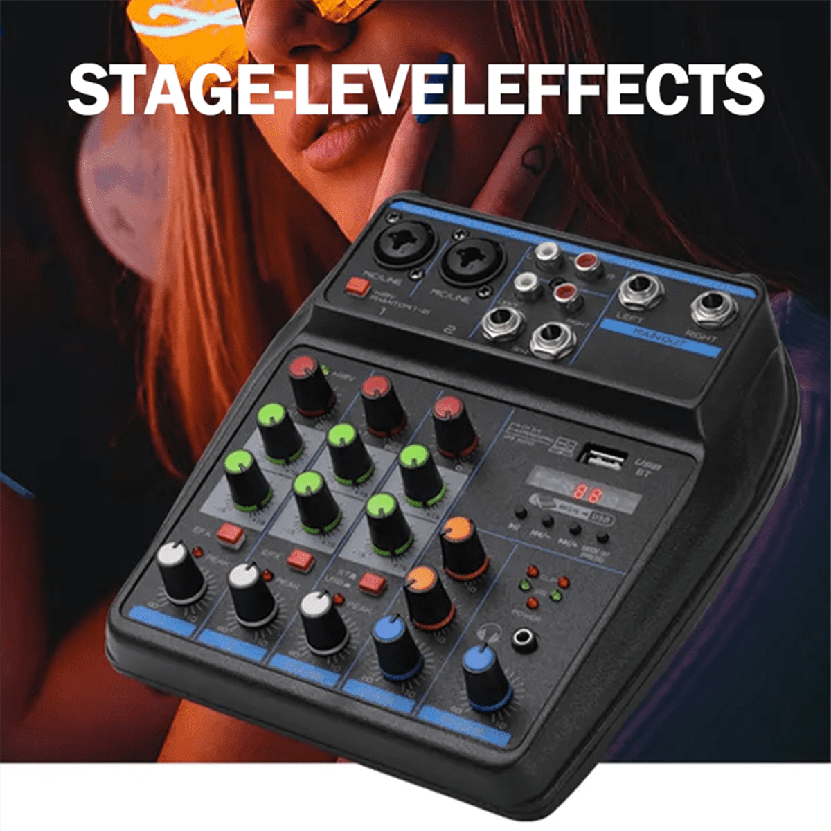 4 Channel Audio Mixer Mini Sound Mixing Console Bluetooth 48V Power Supply for Music DJ Recording Karaoke System