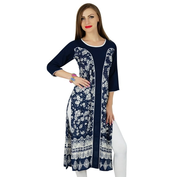Bimba Women Blue Rayon Kurta Kurti Casual Formal Tunic Summer Blouse 3/4 Sleeve