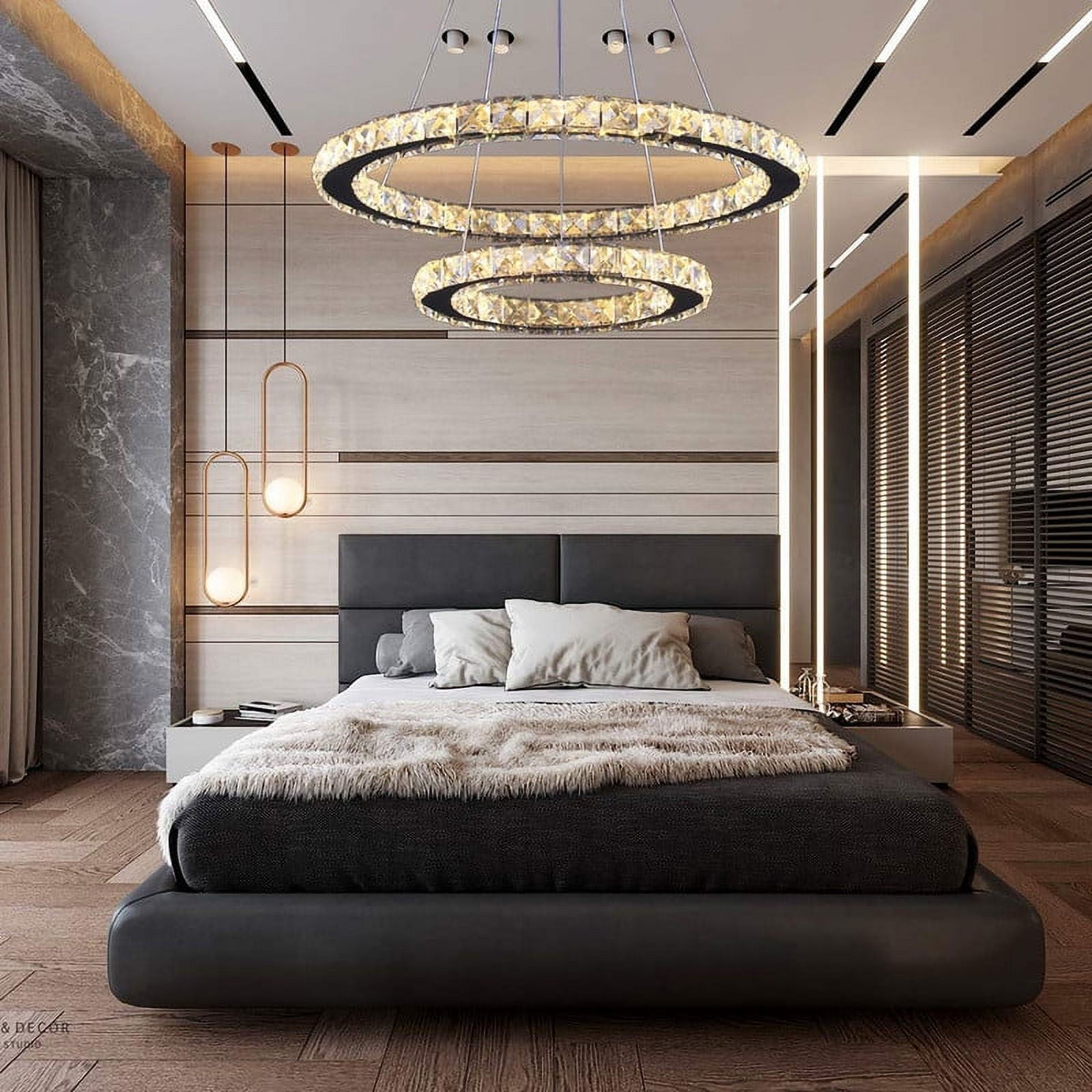 FRIXCHUR LED Chandelier Modern 2 Rings Pendant Light Adjustable Stainless Steel Crystal Ceiling Lighting Fixture for Bedroom Living Room Dining Room (Warm White)