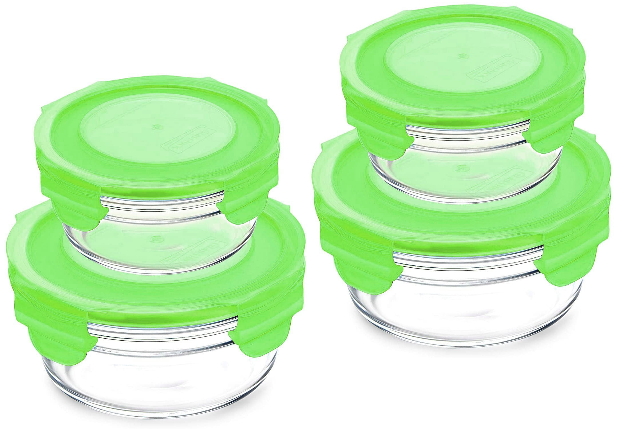 Glasslock Green Lids Round Airtight Food Storage 4 Container Set ...