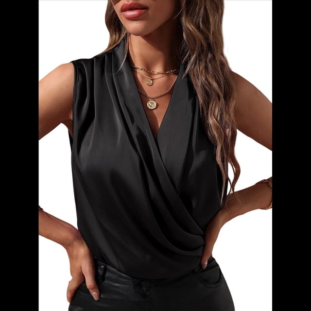 Blusa Elegante de Satén Cruzada con Cuello en V y Sin Mangas para Mujer Negro M