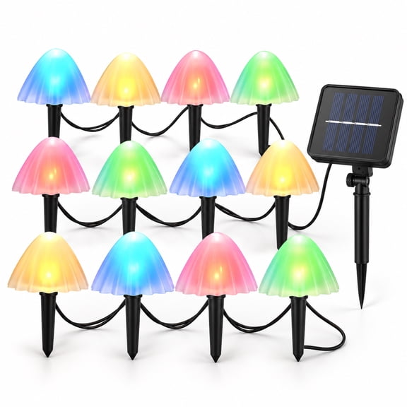 Rirool Mushroom Solar Lights Outdoor, 12 LED Multicolor Garden Lights, 1 Pack, 8 Lighting Modes, Automatic Dusk Lighting with Solar Panel and Stakes for Pathway, Yard, Patio and Flower Bed Decor