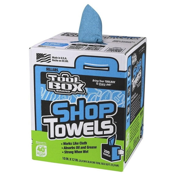 SELLARS WIPERS Toolbox Blue Center-Pull Box Shop Towels (200 Sheets Per Box), 10" x 12"