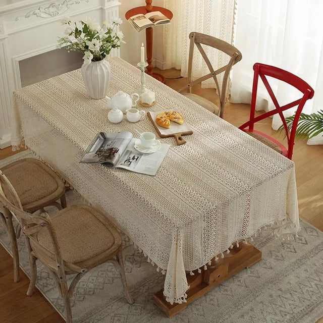 EIGTHTAIL Crochet Tablecloth with Tassels Boho Stripe Geometric Tablecloth for Party Birthday Dinning Table Cloth