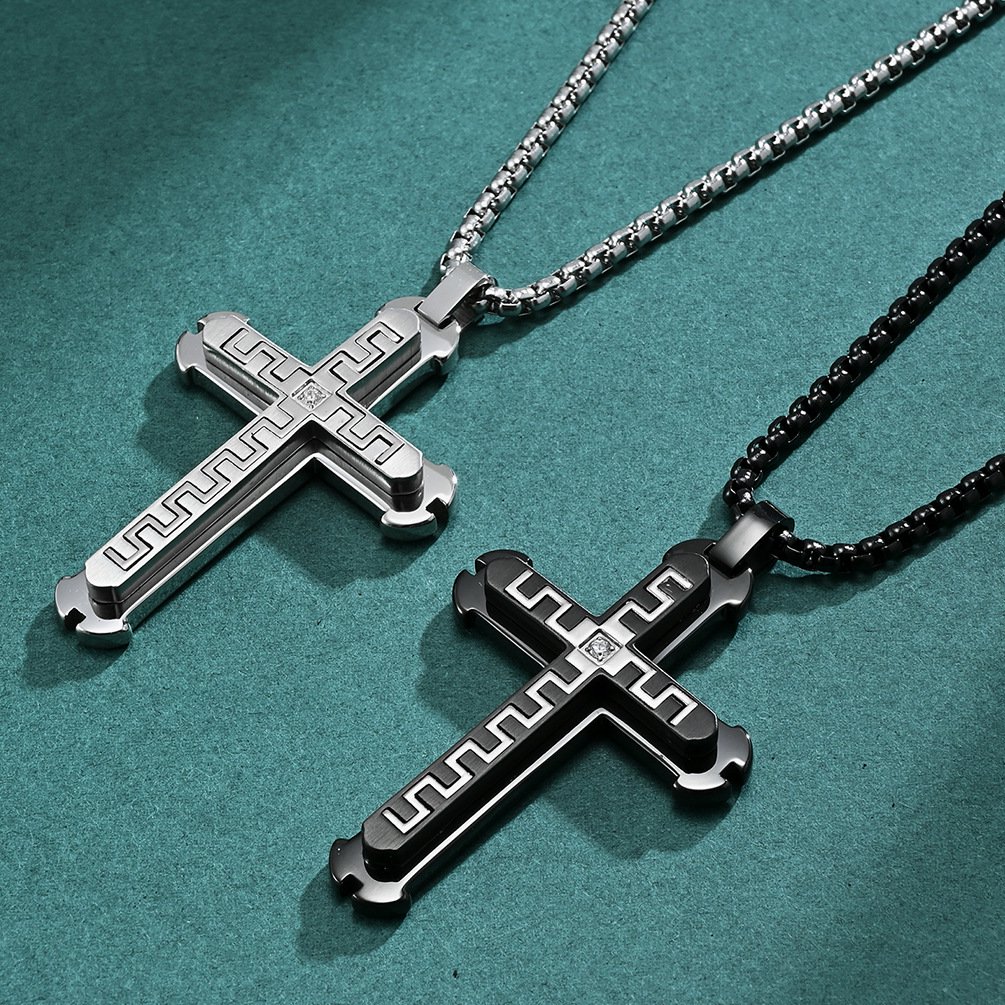 Metaljc Stainless Steel Cross Pendant Necklace for Men, 24" Chain, Religious Jewelry Gift, 2 PCS
